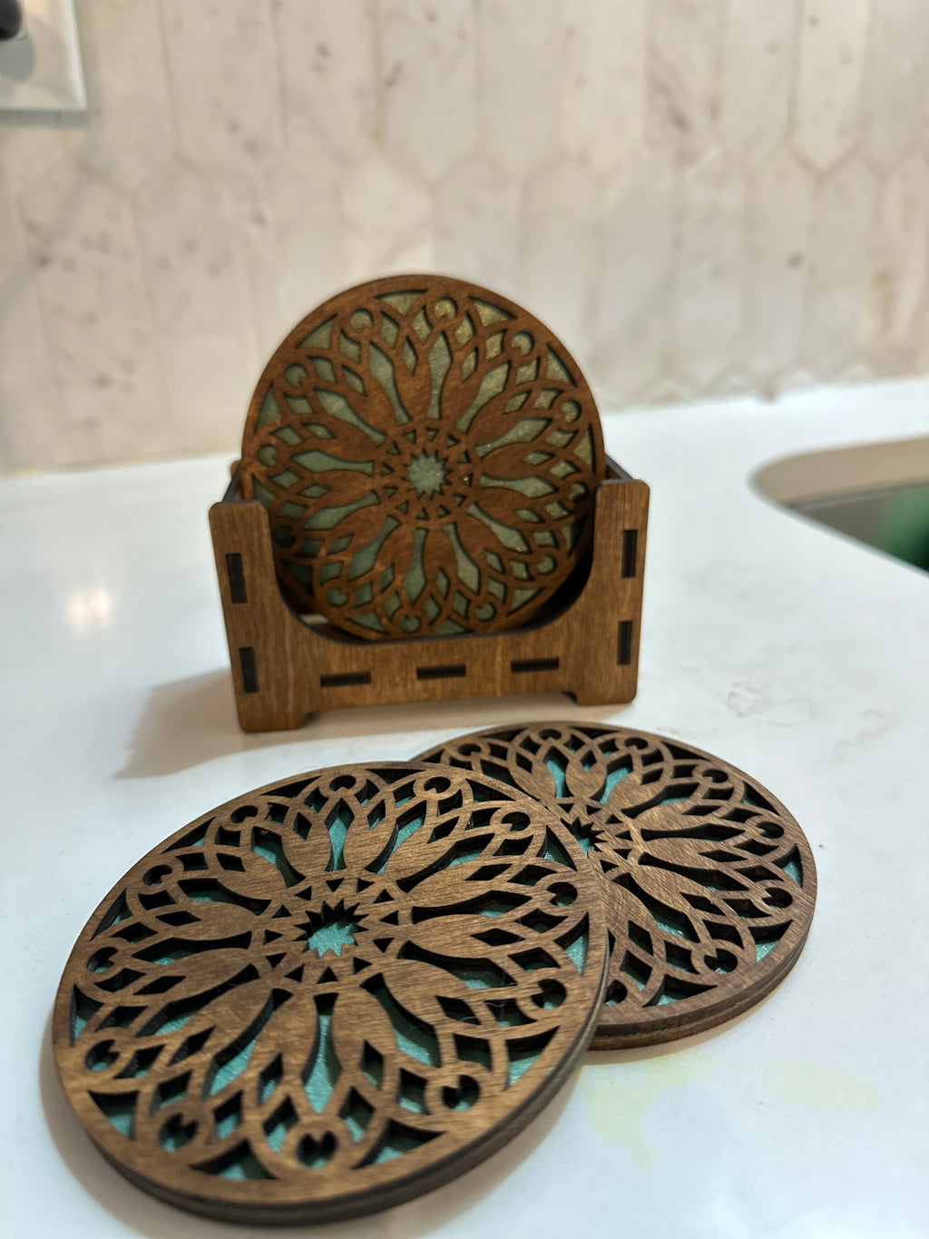 Set of six wooden coasters with holder for gift giving or your own home decor