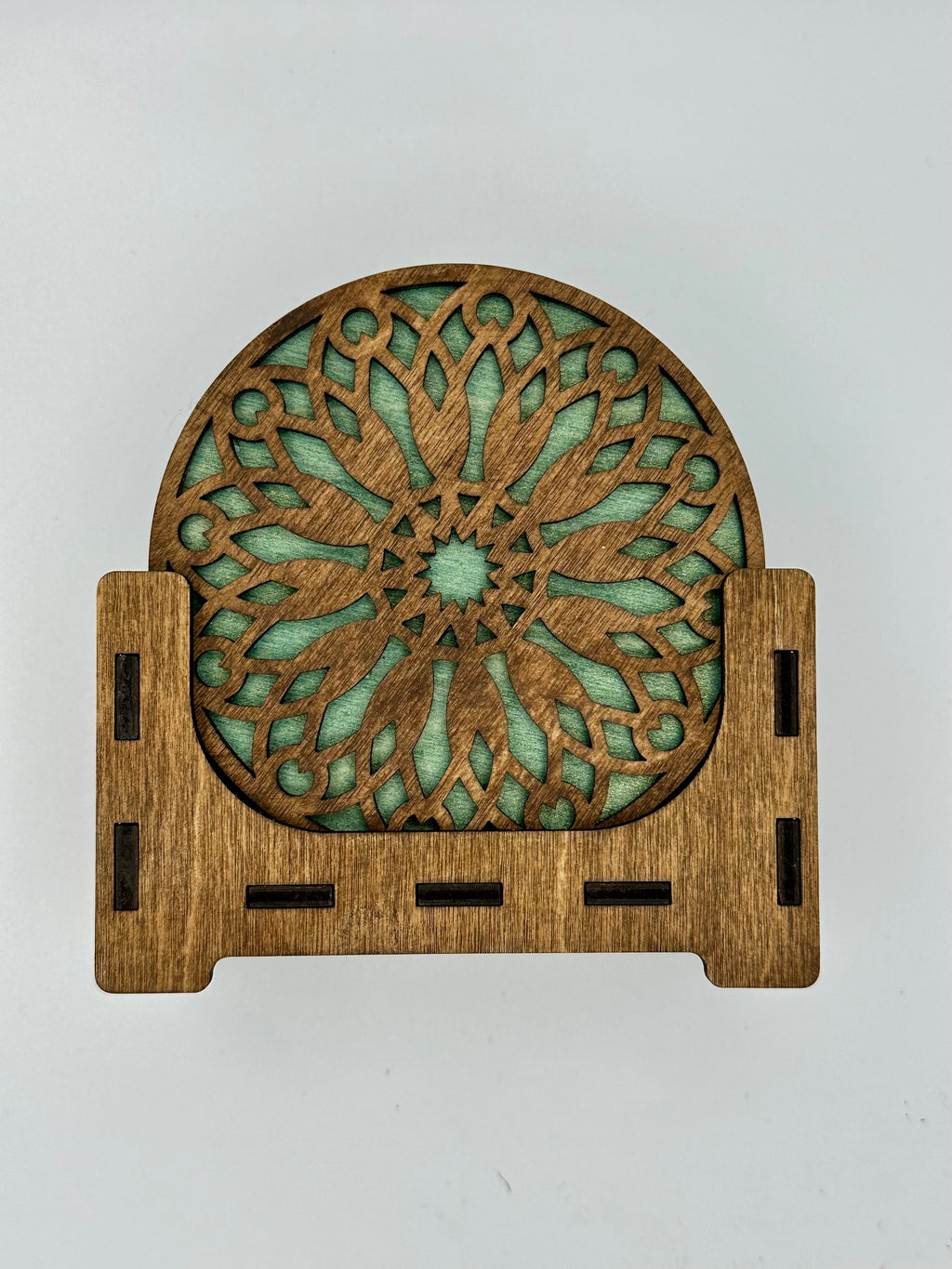 Set of six wooden coasters with holder for gift giving or your own home decor