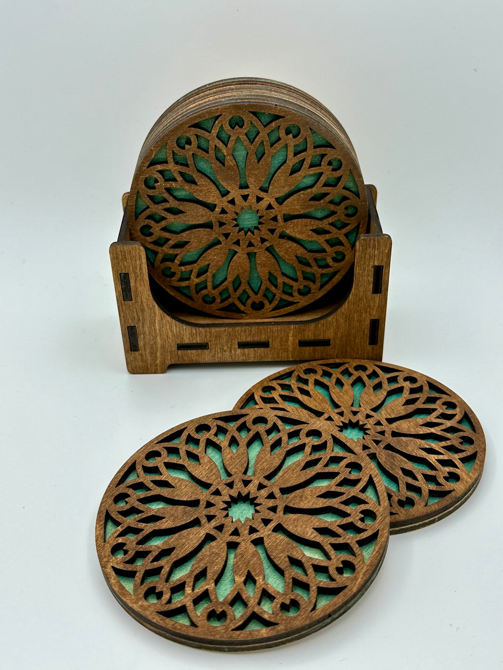 Set of six wooden coasters with holder for gift giving or your own home decor