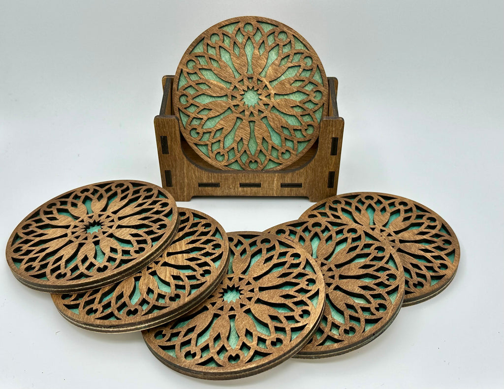 Set of six wooden coasters with holder for gift giving or your own home decor