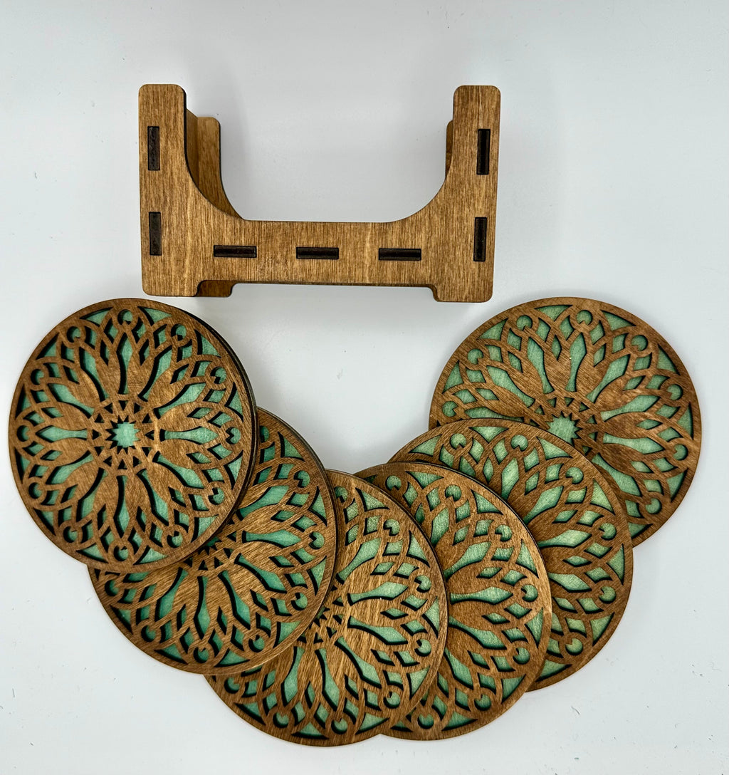 Set of six wooden coasters with holder for gift giving or your own home decor