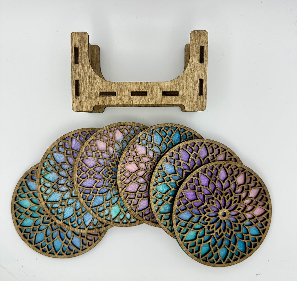 Set of six wooden coasters with holder for gift giving or your own home decor