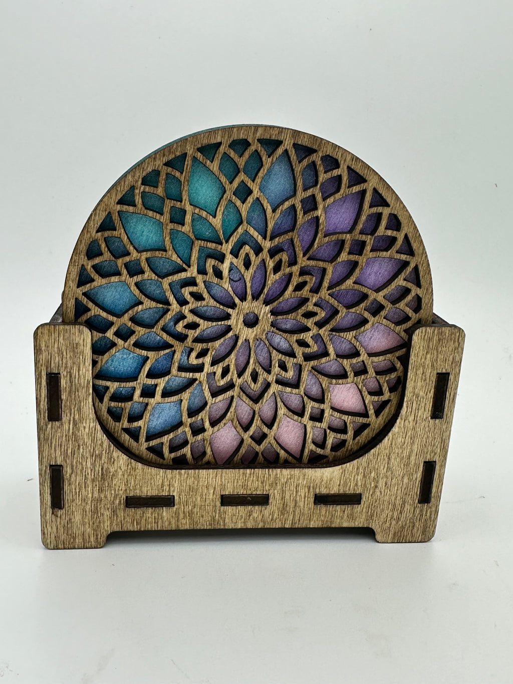 Set of six wooden coasters with holder for gift giving or your own home decor
