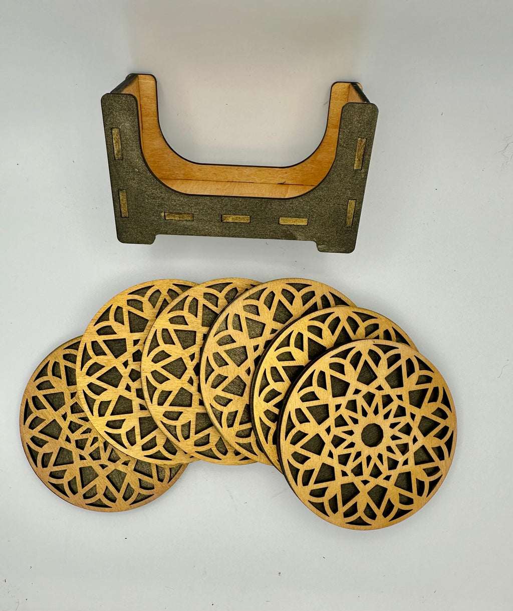 Set of six wooden coasters with holder for gift giving or your own home decor