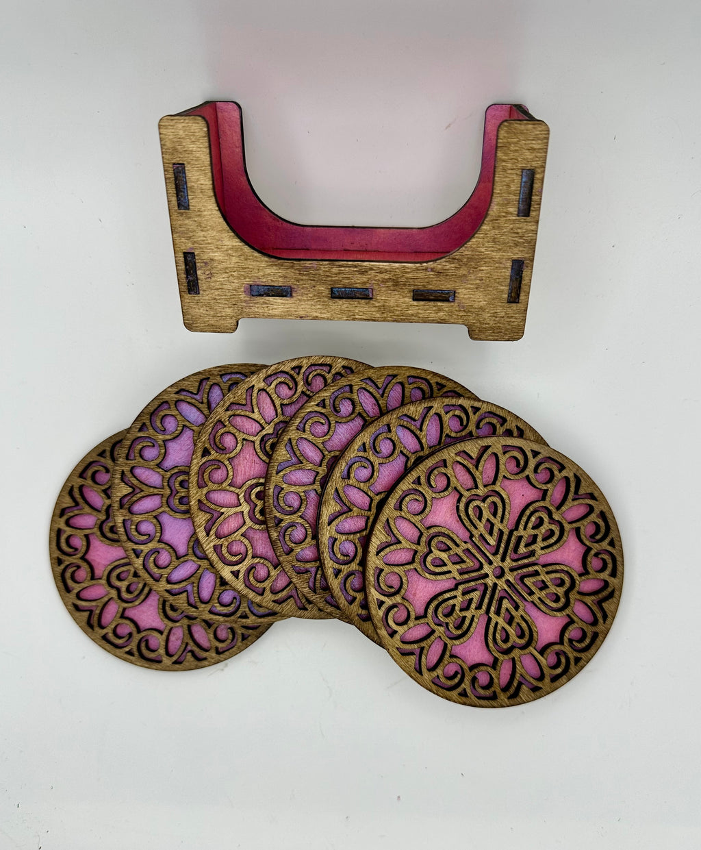 Set of six wooden coasters with holder for gift giving or your own home decor