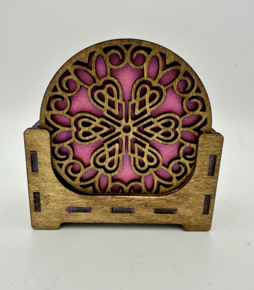Set of six wooden coasters with holder for gift giving or your own home decor